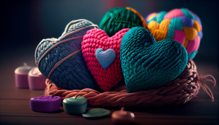 Colorful knitted hearts made of wool. Generative AIの素材