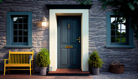 Comfortable front door of house in stylish modern cottage. Generative AI illustrationの素材