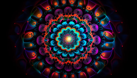 Colorful neon gradient fractal mandala shapes as wallpaper background. Generative AI Illustrationの素材