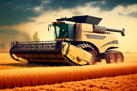 Combine harvester working on a wheat crop. Harvester machine to harvest wheat field working. Generative AIの素材