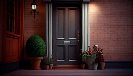 Comfortable front door of house in stylish modern cottage. Generative AI illustrationの素材