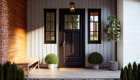 Comfortable front door of house in stylish modern cottage. Generative AI illustrationの素材