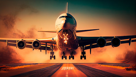Modern airplane landing at the airport. Generative AIの素材