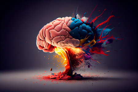 Concept art of a human brain exploding with knowledge and creativity. generative aiの素材