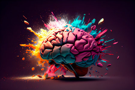 Concept art of a human brain exploding with knowledge and creativity. generative aiの素材