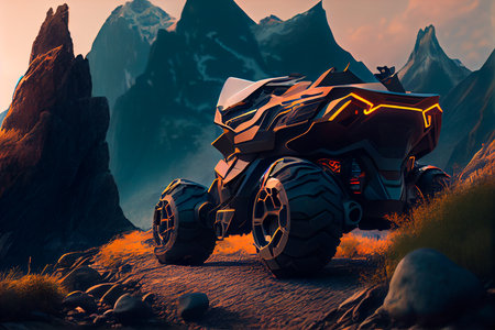 Concept of futuristic electric ATV quad in mountains. Generative AIの素材