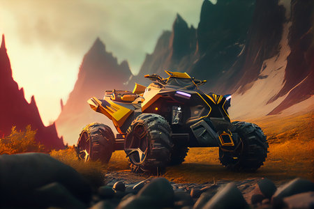 Concept of futuristic electric ATV quad in mountains. Generative AIの素材