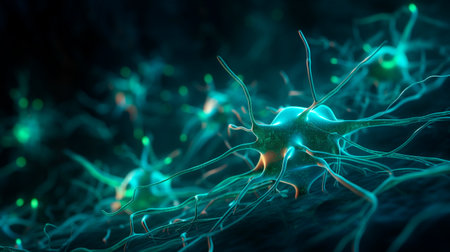 Conceptual illustration of neuron cells with glowing link knots. Blue green Neurons in brain on with focus effect. Synapse and Neuron cells sending electrical chemical signals. Generative AI technologyの素材