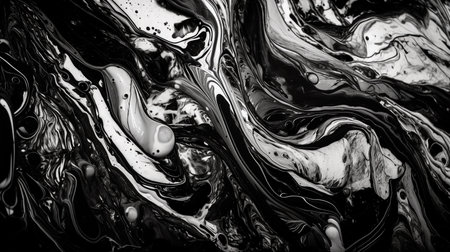 Contemporary Acrylic Pour Background. Paint Swirls in Beautiful Black and White colors, with White Particles. Generative AI illustratorの素材