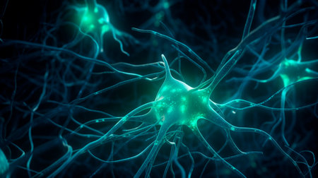 Conceptual illustration of neuron cells with glowing link knots. Blue green Neurons in brain on with focus effect. Synapse and Neuron cells sending electrical chemical signals. Generative AI technologyの素材