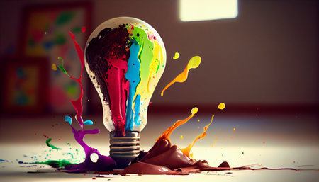 Creativity concept, with lightbulb made from oil paint mix. AI generativeの素材
