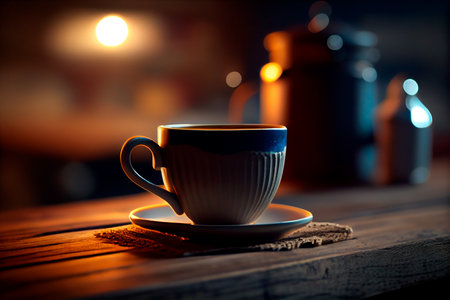 Cup of coffee on wooden table. Generative AIの素材