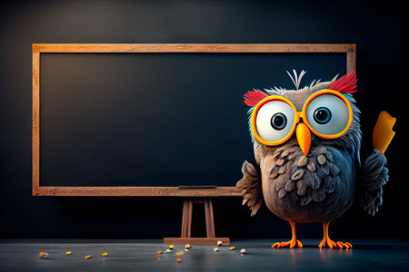 Cute Cartoon Owl in Front of a Blackboard. Generative AIの素材