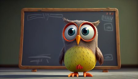 Cute Cartoon Owl in Front of a Blackboard. Generative AI illustrationの素材