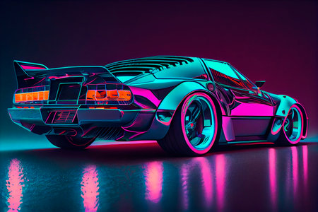 Cyberpunk Futuristic retro wave synth wave car, Retro sports car with neon backlight contours. Generative aiの素材