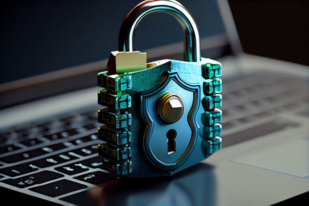Cybersecurity illustration with high-tech padlock protecting a laptop. Generative AI.の素材