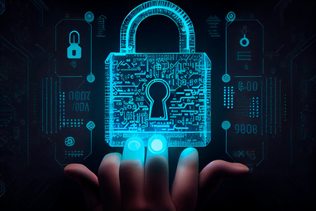 Encrypted files on computer or server. Finger touching lock icon on electronic circuit. Generative AIの素材