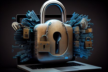 Cybersecurity illustration with high-tech padlock protecting a laptop. Generative AI.の素材