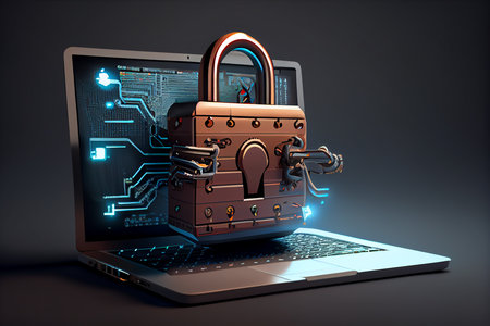 Cybersecurity illustration with high-tech padlock protecting a laptop. Generative AI.の素材
