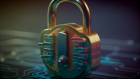 Cybersecurity Padlock, Digital Lock on Technology Network Data Protection Background. Generative Ai technologyの素材