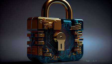 Cybersecurity Padlock, Digital Lock on Technology Network Data Protection Background. Generative AI technologyの素材