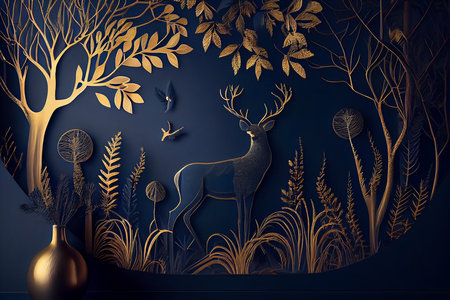 Dark blue mural wallpaper from the contemporary era Christmas tree, mountain, deer, birds, and waves of gold on a dark blue backdrop. Generative AIの素材