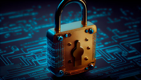 Cybersecurity Padlock, Digital Lock on Technology Network Data Protection Background. Generative Ai technologyの素材