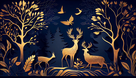 Dark blue mural wallpaper from the contemporary era Christmas tree, mountain, deer, birds, and waves of gold on a dark blue backdrop. Generative AIの素材