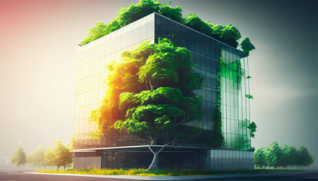 Eco friendly construction in a contemporary metropolis. A sustainable glass building with green tree branches and leaves for lowering heat and carbon dioxide. Green workplace office building. AI generativeの素材