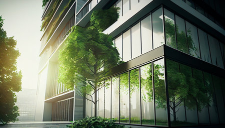 Eco friendly construction in a contemporary metropolis. A sustainable glass building with green tree branches and leaves for lowering heat and carbon dioxide. Green workplace office building. AI generativeの素材