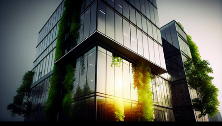 Eco friendly construction in a contemporary metropolis. A sustainable glass building with green tree branches and leaves for lowering heat and carbon dioxide. Green workplace office building. AI generativeの素材