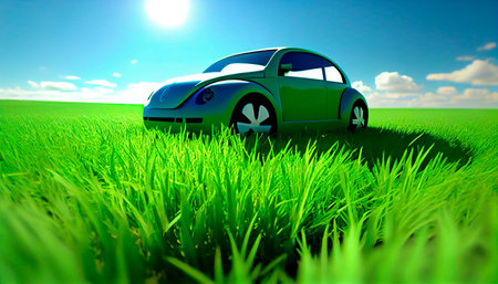 Eco friendly car development; clear ecology driving; no pollution and emission transportation concept. green car icon on fresh spring meadow with blue sky in background. Generative AIの素材