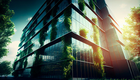 Eco friendly construction in a contemporary metropolis. A sustainable glass building with green tree branches and leaves for lowering heat and carbon dioxide. Green workplace office building. AI generativeの素材