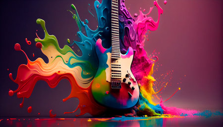 Electric guitar with rainbow paint energetic explosion, is not based on any original image, character or person. Generative Ai technologyの素材