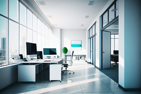 Empty modern office background in city center . Workspace interior design . Clean and bright office gallery background. Generative AIの素材