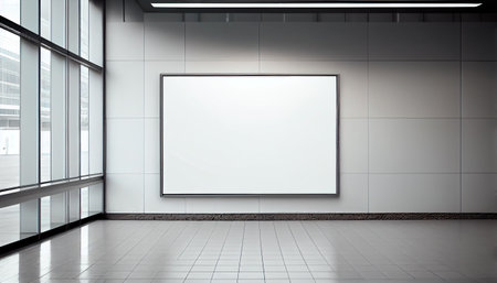 Empty advertising billboard frame on wall in office lobby copy space for mock up design template. Generative AI Illustrationの素材