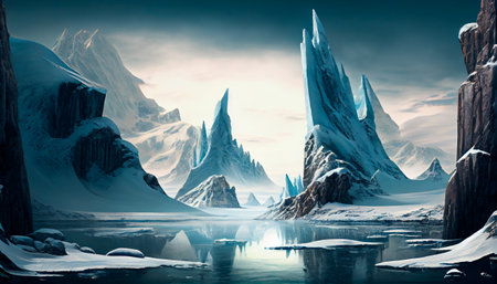 Ice floes and icebergs in the cold Arctic in global warming. Generative AI technologyの素材
