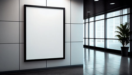 Empty advertising billboard frame on wall in office lobby copy space for mock up design template. Generative AI Illustrationの素材