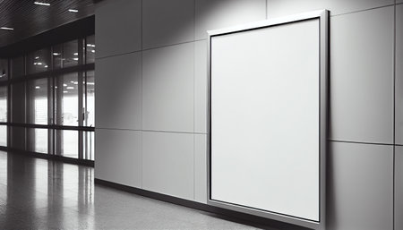 Empty advertising billboard frame on wall in office lobby copy space for mock up design template. Generative AI Illustrationの素材
