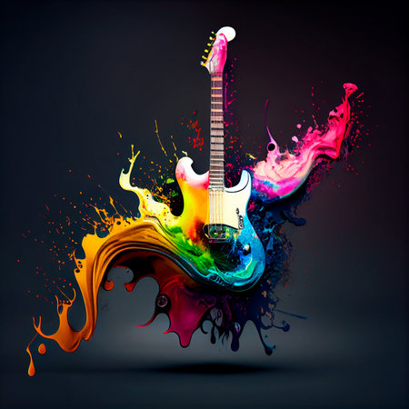 Electric guitar with rainbow paint energetic explosion, is not based on any original image, character or person. Generative Ai technologyの素材