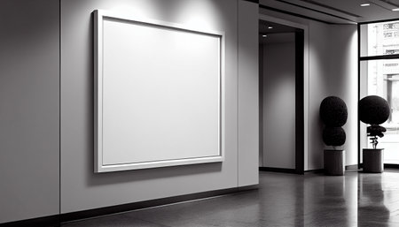 Empty advertising billboard frame on wall in office lobby copy space for mock up design template. Generative AI Illustrationの素材