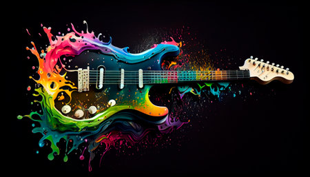 Electric guitar with rainbow paint energetic explosion, is not based on any original image, character or person. Generative Ai technologyの素材