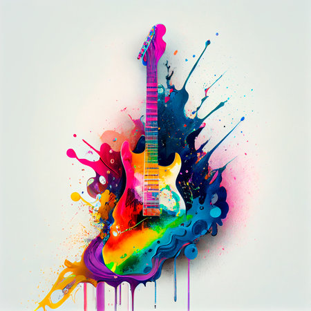 Electric guitar with rainbow paint energetic explosion, is not based on any original image, character or person. Generative Ai technologyの素材