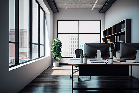 Empty modern office background in city center . Workspace interior design . Clean and bright office gallery background. Generative AIの素材