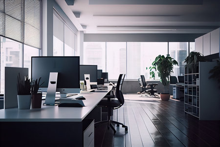 Empty modern office background in city center . Workspace interior design . Clean and bright office gallery background. Generative AIの素材