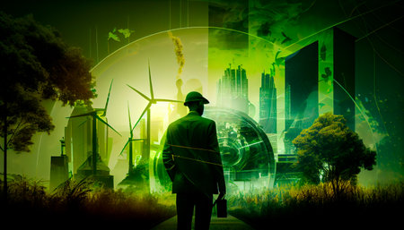 ESG, green energy, sustainable industry. Environmental, Social, and Corporate Governance concept. Generative AI.の素材
