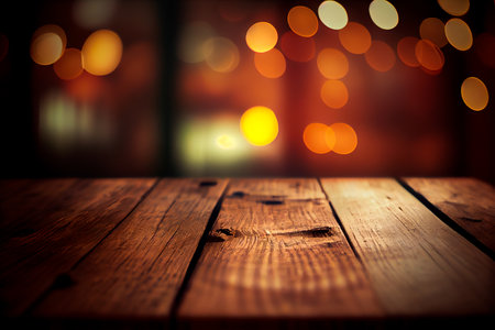 Empty wooden table with bokeh background. Generative AIの素材