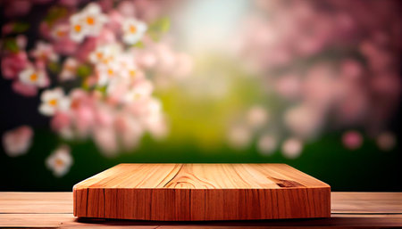 Empty wooden table top product display showcase stage with spring cherry blossom background. Generative Ai technologyの素材
