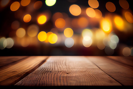 Empty wooden table with bokeh background. Generative AIの素材