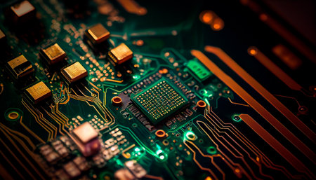 Close up of an electrical circuit board with a CPU, a microchip, and other electronic components in the background. Generative AI technologyの素材